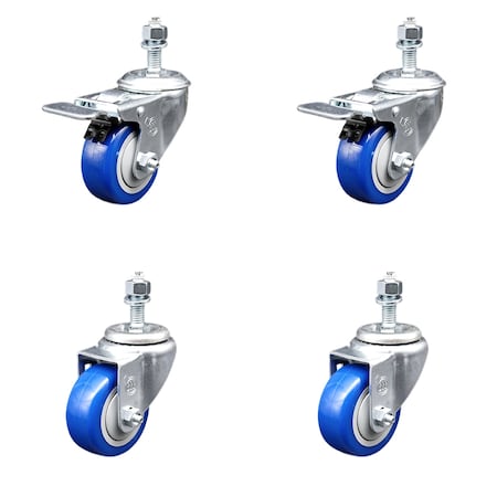 Service Caster 3 Inch SS Blue Polyurethane 1/2 Inch Threaded Stem Caster Total Lock Brake, 2PK SSTSTTL20S314-PPUB-BLUE-121315-2-S-2